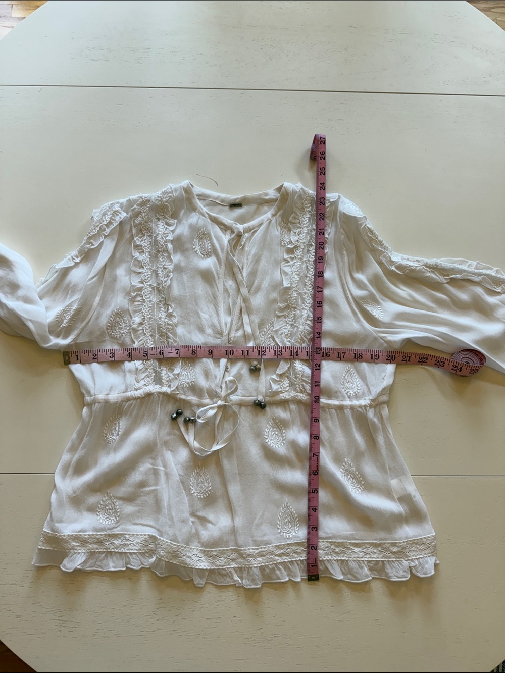 CHAN LUU WHITE SHEER PAISLEY LACE RUFFLE TRIM SILVER BELL TIES ROMANTIC BOHO TOP - Picture 10 of 15